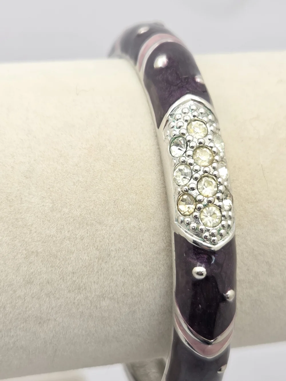 Premier Designs Purple & Pink Enamel Hinged Bangle Silver Tone Rhinestone Accent